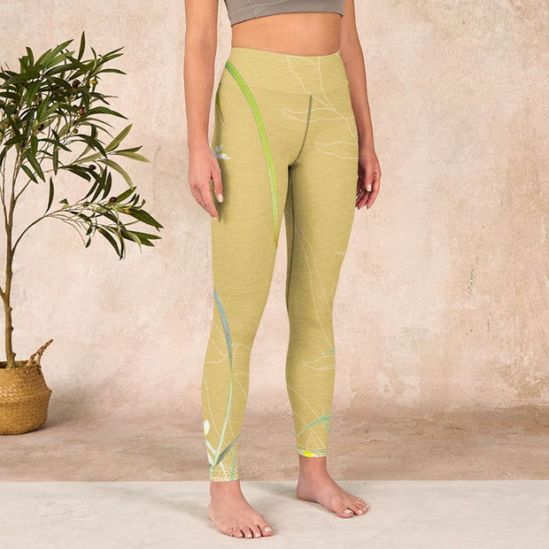 Buddha Stones Yellow Orchid Flowers Weeping Leaves Print Gym Leggings Women's Yoga Pants Leggings BS 3