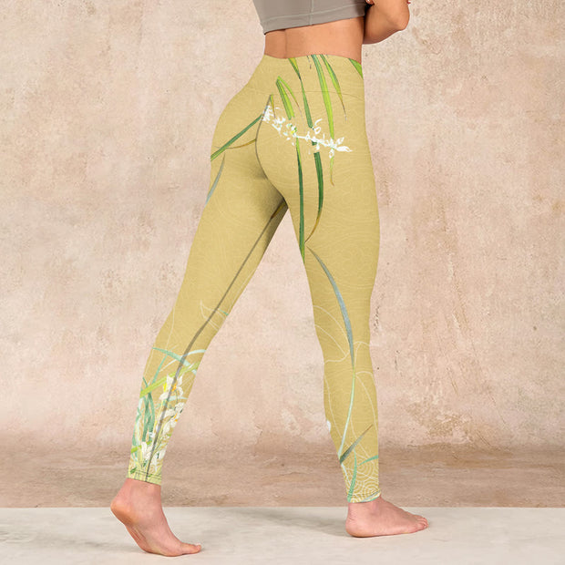 Buddha Stones Yellow Orchid Flowers Weeping Leaves Print Gym Leggings Women's Yoga Pants Leggings BS 4