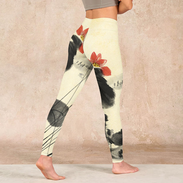 Buddha Stones Lotus Mountains House Print Gym Leggings Women's Yoga Pants