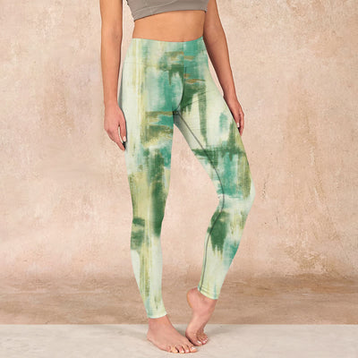 Buddha Stones Beige Green Tie Dye Print Exercise Leggings Women's Yoga Pants