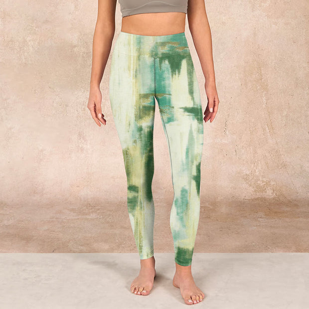 Buddha Stones Beige Green Tie Dye Print Exercise Leggings Women's Yoga Pants - image 2