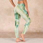 Buddha Stones Beige Green Tie Dye Print Exercise Leggings Women's Yoga Pants