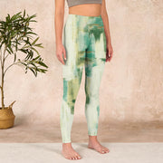 Buddha Stones Beige Green Tie Dye Print Exercise Leggings Women's Yoga Pants