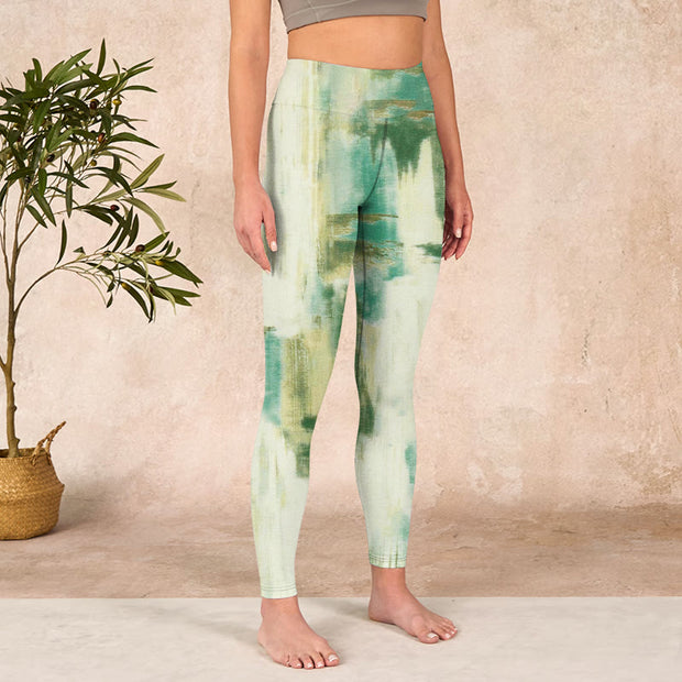 Buddha Stones Beige Green Tie Dye Print Exercise Leggings Women's Yoga Pants - image 4