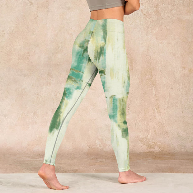 Buddha Stones Beige Green Tie Dye Print Exercise Leggings Women's Yoga Pants - image 5