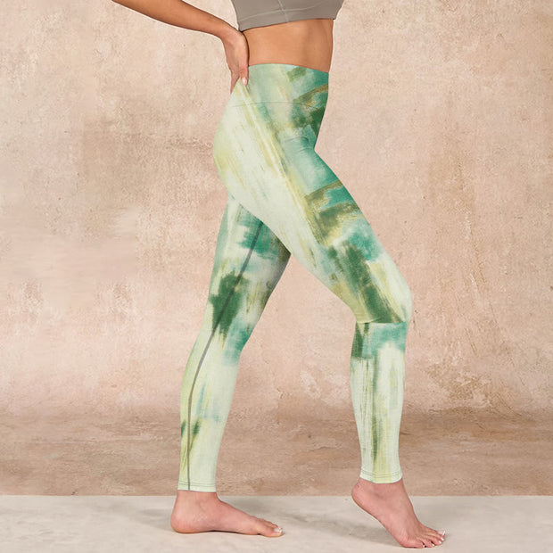 Buddha Stones Beige Green Tie Dye Print Exercise Leggings Women's Yoga Pants Leggings BS 16