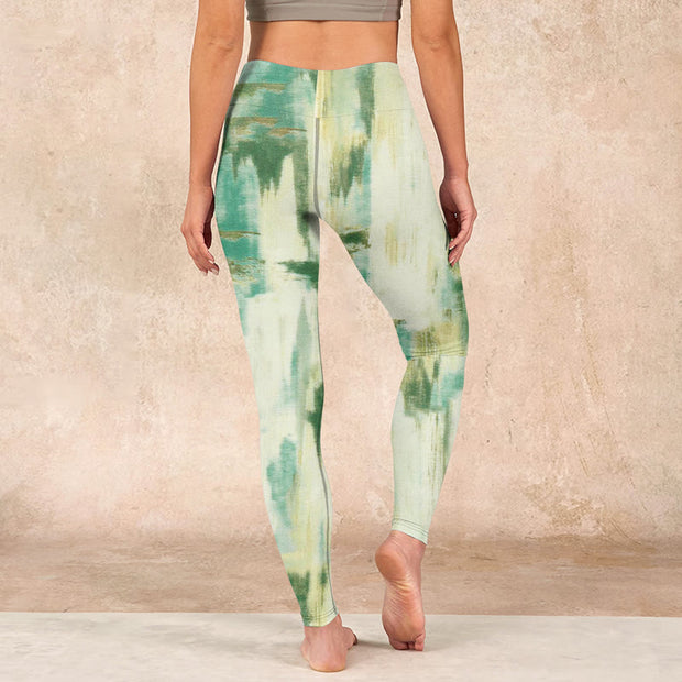 Buddha Stones Beige Green Tie Dye Print Exercise Leggings Women's Yoga Pants Leggings BS 15