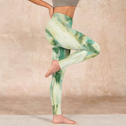 Buddha Stones Beige Green Tie Dye Print Exercise Leggings Women's Yoga Pants - image 17