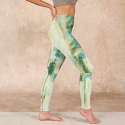 Buddha Stones Beige Green Tie Dye Print Exercise Leggings Women's Yoga Pants - image 16