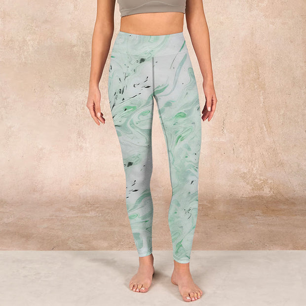 Buddha Stones Honeydew Green White Flow Line Print Exercise Leggings Women's Yoga Pants