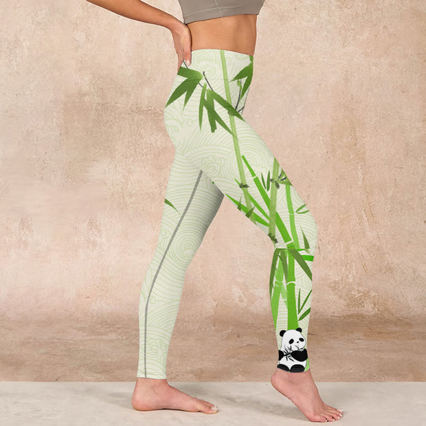 Buddha Stones Lush Bamboo Panda Auspicious Cloud Waves Print Gym Leggings Women's Yoga Pants