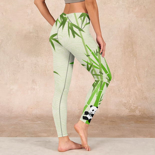 Buddha Stones Lush Bamboo Panda Auspicious Cloud Waves Print Gym Leggings Women's Yoga Pants