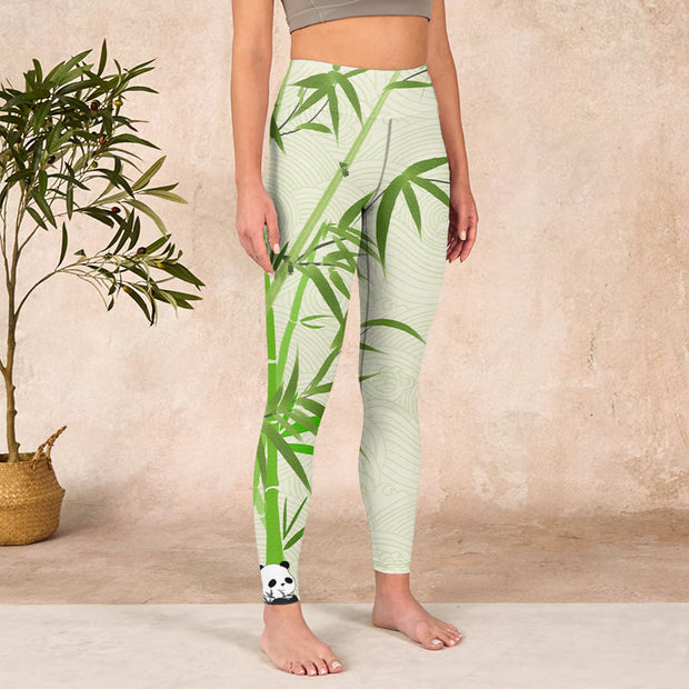 Buddha Stones Lush Bamboo Panda Auspicious Cloud Waves Print Gym Leggings Women's Yoga Pants