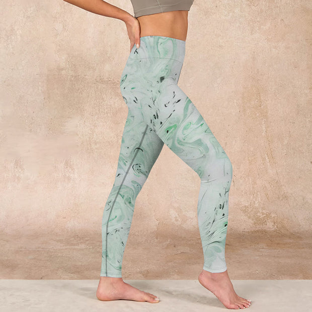 Buddha Stones Honeydew Green White Flow Line Print Exercise Leggings Women's Yoga Pants