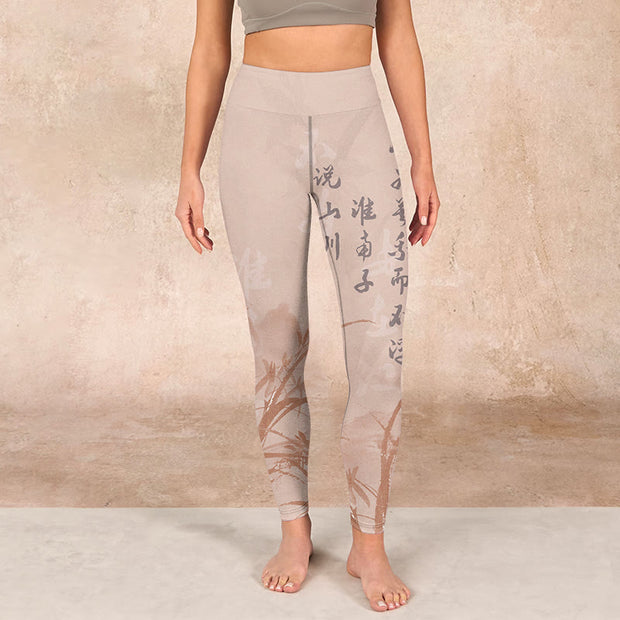 Buddha Stones Calligraphy Orchid Print Gym Leggings Women's Yoga Pants Leggings BS 1