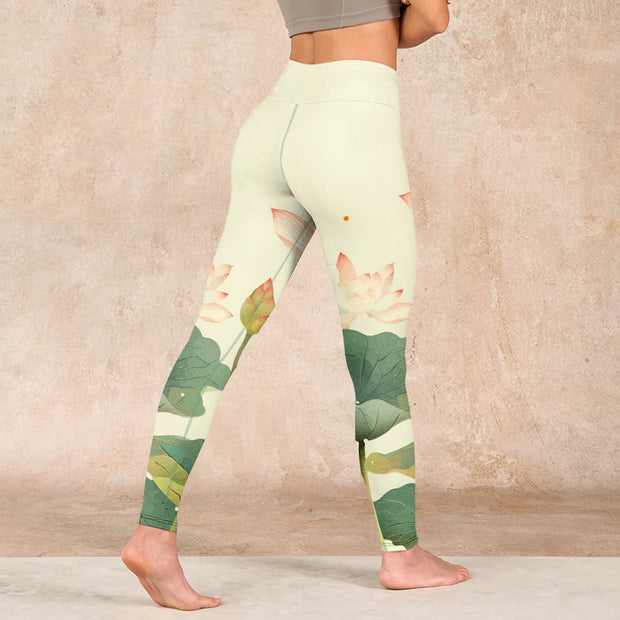 Buddha Stones Lotus Flower Leaf Dragonfly Print Fitness Leggings Women's Yoga Pants