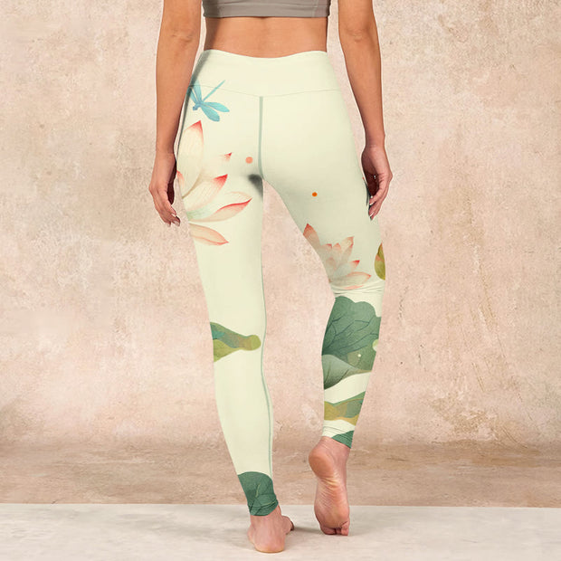 Buddha Stones Lotus Flower Leaf Dragonfly Print Fitness Leggings Women's Yoga Pants