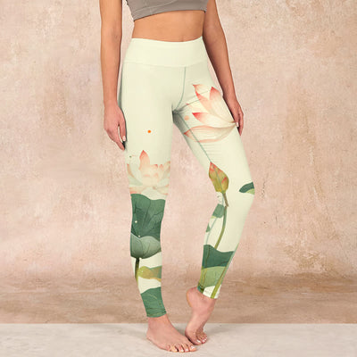 Buddha Stones Lotus Flower Leaf Dragonfly Print Fitness Leggings Women's Yoga Pants - AntiqueWhite - US18，UK/AU22，EU50 (4XL) - image 1