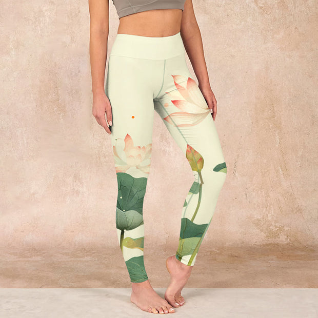 Buddha Stones Lotus Flower Leaf Dragonfly Print Fitness Leggings Women's Yoga Pants - AntiqueWhite - US18，UK/AU22，EU50 (4XL) - image 1