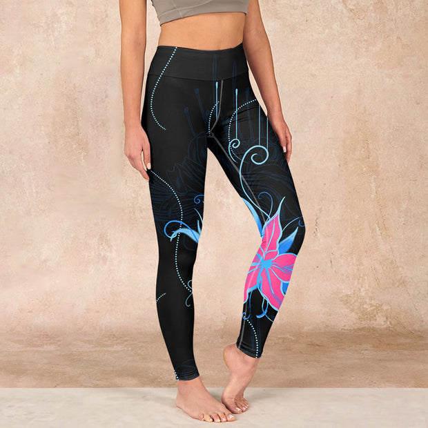 Buddha Stones Black Pink Blue Flowers Print Fitness Leggings Women's Yoga Pants Leggings BS Black US18，UK/AU22，EU50 (4XL)