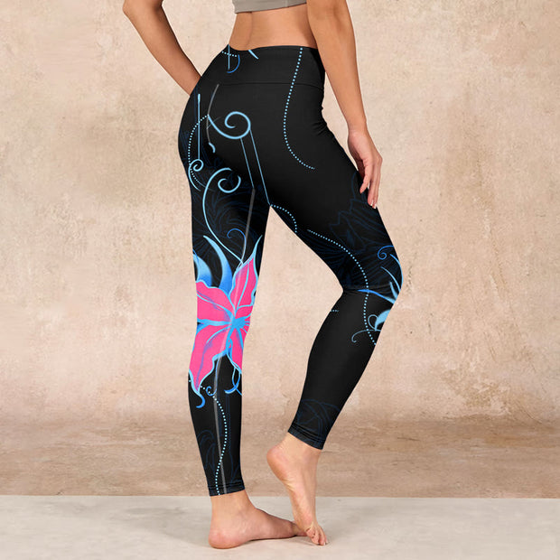 Buddha Stones Black Pink Blue Flowers Print Fitness Leggings Women's Yoga Pants