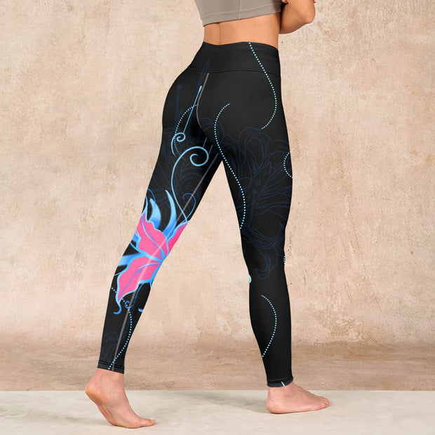 Buddha Stones Black Pink Blue Flowers Print Fitness Leggings Women's Yoga Pants Leggings BS 4