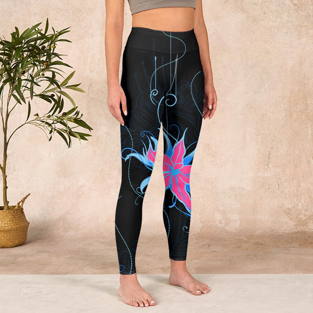 Buddha Stones Black Pink Blue Flowers Print Fitness Leggings Women's Yoga Pants