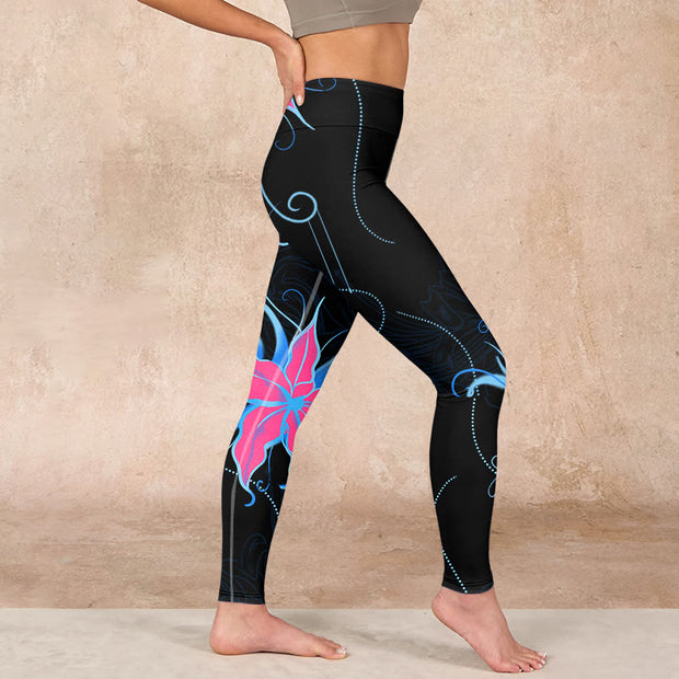 Buddha Stones Black Pink Blue Flowers Print Fitness Leggings Women's Yoga Pants Leggings BS 17