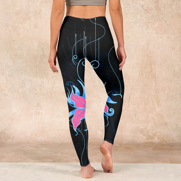 Buddha Stones Black Pink Blue Flowers Print Fitness Leggings Women's Yoga Pants Leggings BS 15