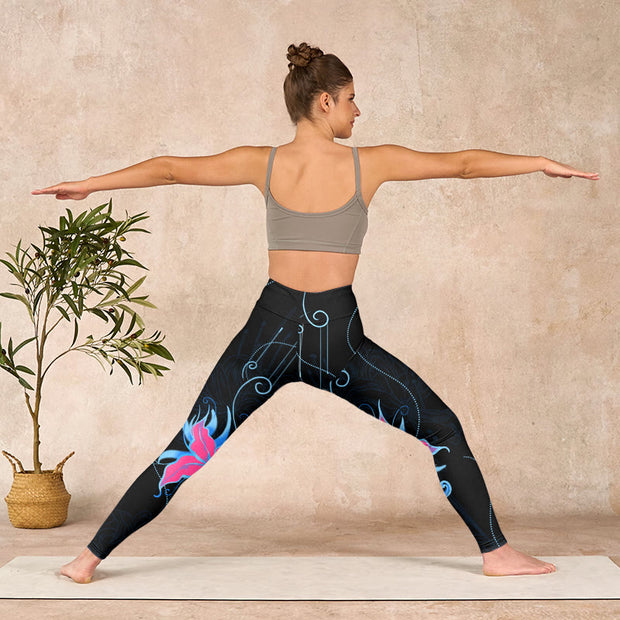 Buddha Stones Black Pink Blue Flowers Print Fitness Leggings Women's Yoga Pants Leggings BS 11