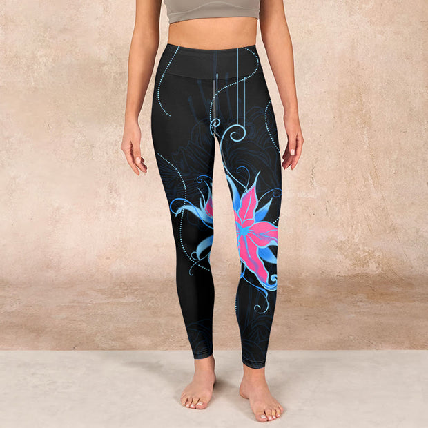 Buddha Stones Black Pink Blue Flowers Print Fitness Leggings Women's Yoga Pants - image 2