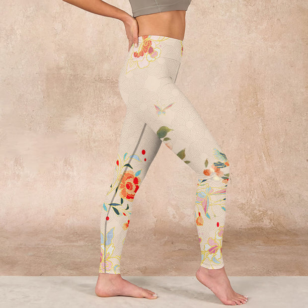 Buddha Stones Apricot Butterfly Peony Flowers Leaves Print Gym Leggings Women's Yoga Pants