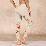 Buddha Stones Apricot Butterfly Peony Flowers Leaves Print Gym Leggings Women's Yoga Pants