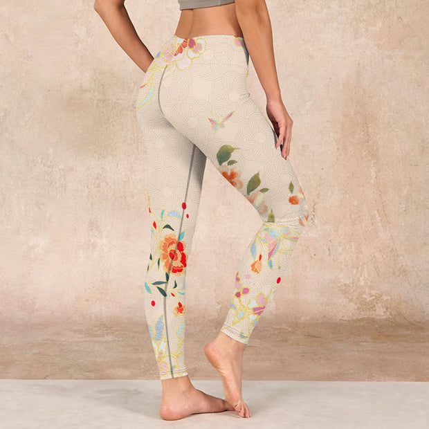 Buddha Stones Apricot Butterfly Peony Flowers Leaves Print Gym Leggings Women's Yoga Pants Leggings BS 2