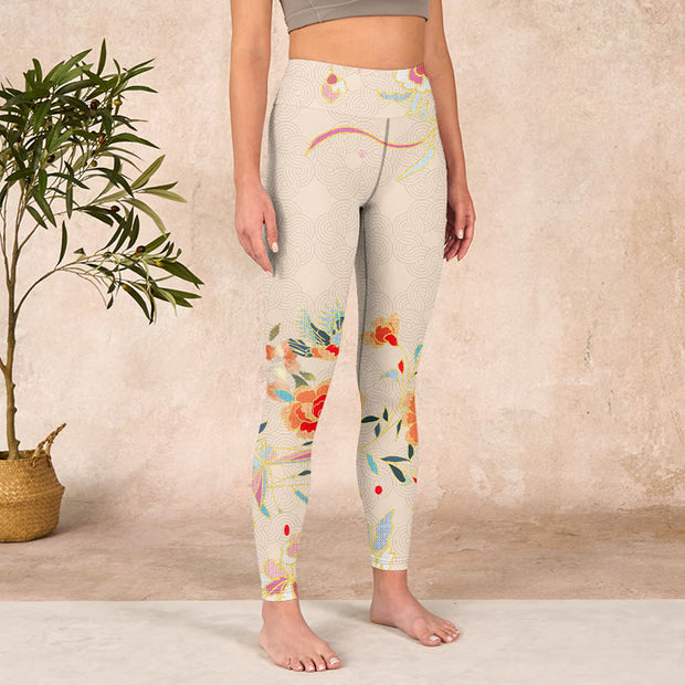 Buddha Stones Apricot Butterfly Peony Flowers Leaves Print Gym Leggings Women's Yoga Pants - image 4