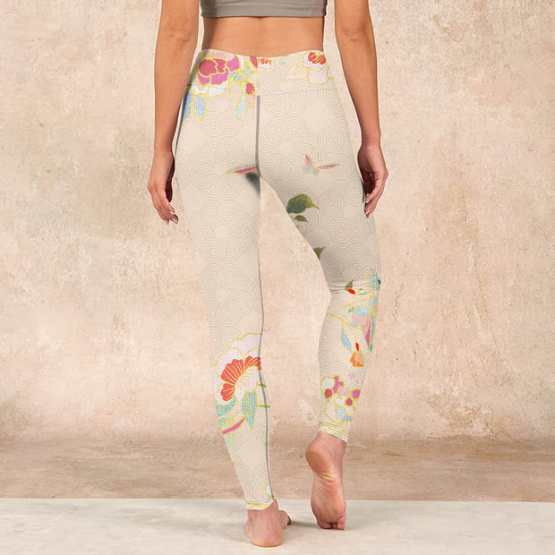 Buddha Stones Apricot Butterfly Peony Flowers Leaves Print Gym Leggings Women's Yoga Pants