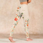 Buddha Stones Apricot Butterfly Peony Flowers Leaves Print Gym Leggings Women's Yoga Pants