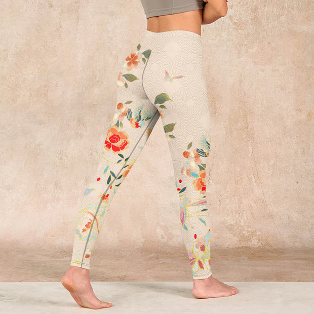 Buddha Stones Apricot Butterfly Peony Flowers Leaves Print Gym Leggings Women's Yoga Pants Leggings BS 4