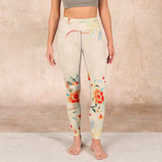 Buddha Stones Apricot Butterfly Peony Flowers Leaves Print Gym Leggings Women's Yoga Pants