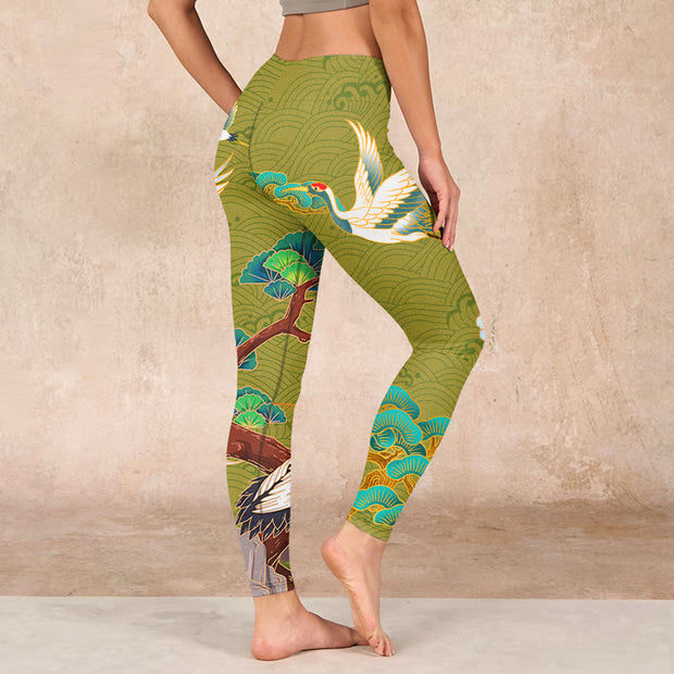 Buddha Stones Flying Cranes Auspicious Clouds Trees Print Gym Leggings Women's Yoga Pants - image 3