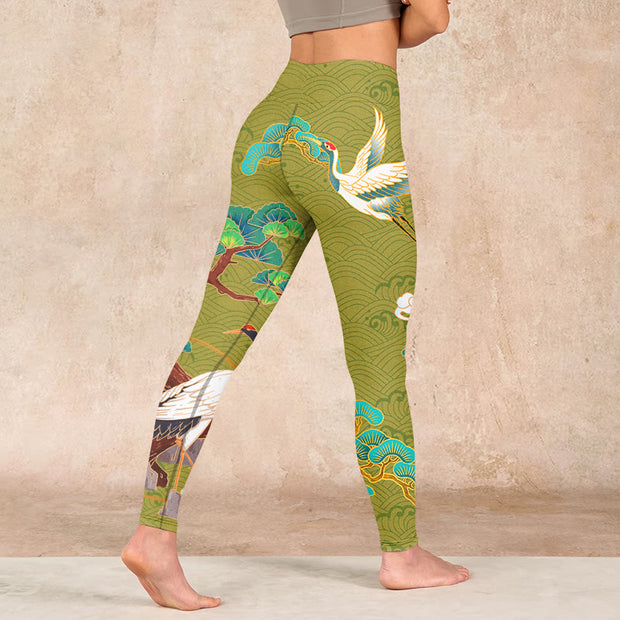 Buddha Stones Flying Cranes Auspicious Clouds Trees Print Gym Leggings Women's Yoga Pants - image 5