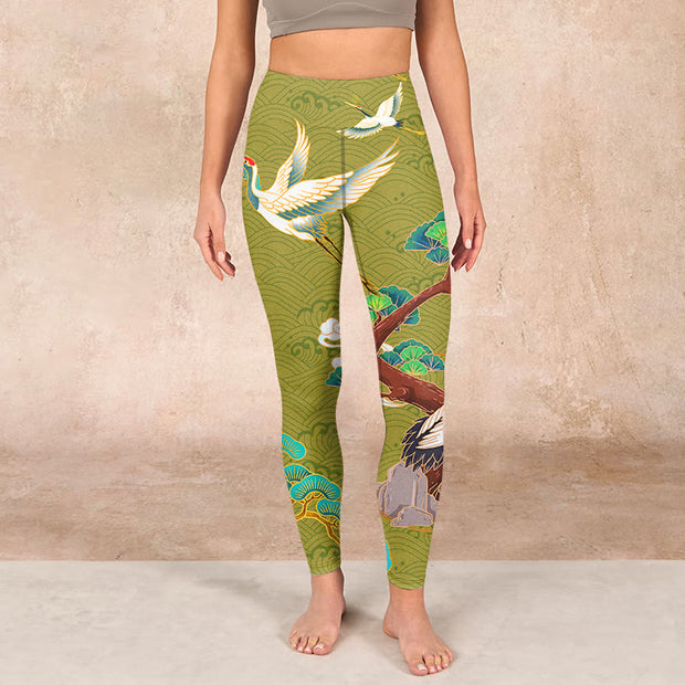 Buddha Stones Flying Cranes Auspicious Clouds Trees Print Gym Leggings Women's Yoga Pants