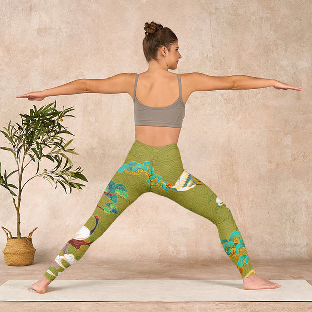 Buddha Stones Flying Cranes Auspicious Clouds Trees Print Gym Leggings Women's Yoga Pants - image 11