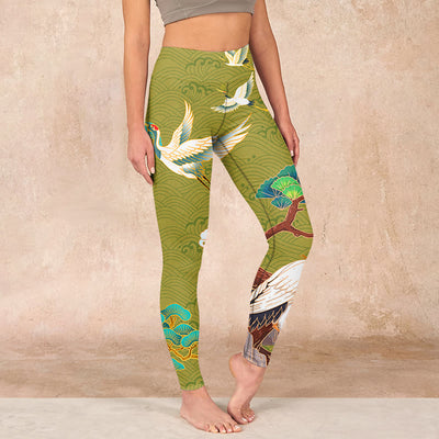 Buddha Stones Flying Cranes Auspicious Clouds Trees Print Gym Leggings Women's Yoga Pants - OliveDrab - US18，UK/AU22，EU50 (4XL) - image 1