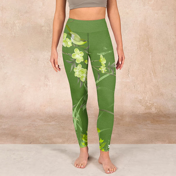 Buddha Stones Magpie Flowers Branches Print Gym Leggings Women's Yoga Pants Leggings BS 1