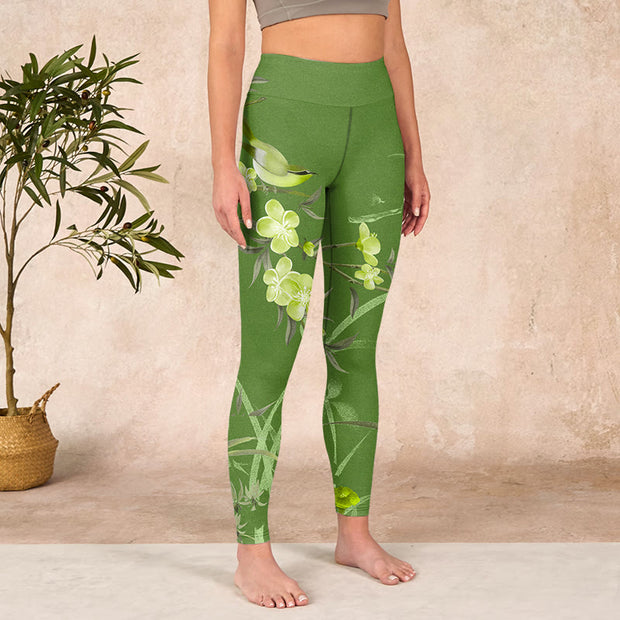 Buddha Stones Magpie Flowers Branches Print Gym Leggings Women's Yoga Pants Leggings BS 3