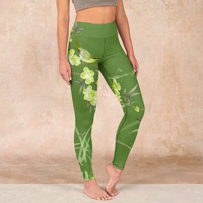 Buddha Stones Magpie Flowers Branches Print Gym Leggings Women's Yoga Pants - LimeGreen - US18，UK/AU22，EU50 (4XL) - image 1