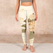 Buddha Stones Beige Lotus Flower Print Gym Fitness Leggings Women's Yoga Pants Leggings BS 1