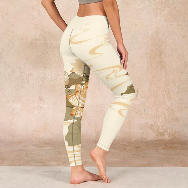 Buddha Stones Beige Lotus Flower Print Gym Fitness Leggings Women's Yoga Pants