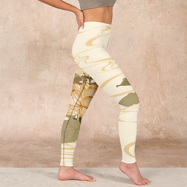 Buddha Stones Beige Lotus Flower Print Gym Fitness Leggings Women's Yoga Pants